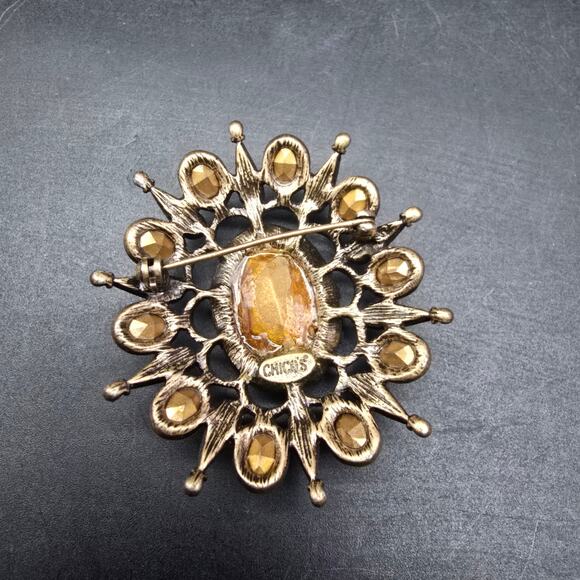 Chico's Bronze Tone Rhinestone Brooch Yellow Golden - Picture 7 of 7